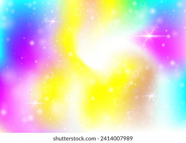 Unicorn background with rainbow mesh. Multicolor universe banner in princess colors. Fantasy gradient backdrop with hologram. Holographic unicorn background with magic sparkles, stars and blurs.