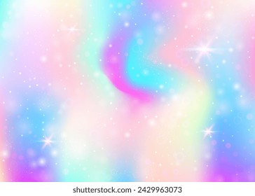 Einhorn-Hintergrund mit Regenbogennetz. Multicolor Universum Banner in Prinzessin Farben. Fantasy-Gradienten-Kulisse mit Hologramm. Holografischer Einhornhintergrund mit magischen Funkeln, Sternen und Unschärfen.