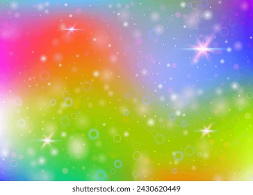 Unicorn background with rainbow mesh. Multicolor universe banner in princess colors. Fantasy gradient backdrop with hologram. Holographic unicorn background with magic sparkles, stars and blurs.