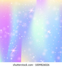 Unicorn background with rainbow mesh. Mystical universe banner in princess colors. Fantasy gradient backdrop with hologram.  Holographic unicorn background with magic sparkles, stars and blurs.