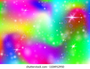 Unicorn background with rainbow mesh. Mystical universe banner in princess colors. Fantasy gradient backdrop with hologram. Holographic unicorn background with magic sparkles, stars and blurs.
