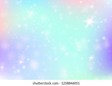 Unicorn background with rainbow mesh. Mystical universe banner in princess colors. Fantasy gradient backdrop with hologram. Holographic unicorn background with magic sparkles, stars and blurs.