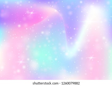 Unicorn background with rainbow mesh. Mystical universe banner in princess colors. Fantasy gradient backdrop with hologram. Holographic unicorn background with magic sparkles, stars and blurs.