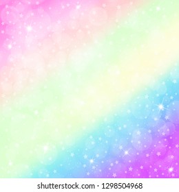 Unicorn background with rainbow mesh. Mystical universe banner in princess colors. Fantasy gradient. Holographic unicorn background with magic sparkles, stars and blurs