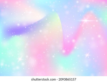 Unicorn background with rainbow mesh. Mystical universe banner in princess colors. Fantasy gradient backdrop with hologram. Holographic unicorn background with magic sparkles, stars and blurs.