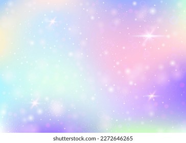 Unicorner Hintergrund mit Regenbogenmasche. Mystisches Universum-Banner in Prinzessenfarben. Fantasy-Farbverlauf-Hintergrund mit Hologramm. Holografischer, einfarbiger Hintergrund mit magischen Funken, Sternen und Bluren.