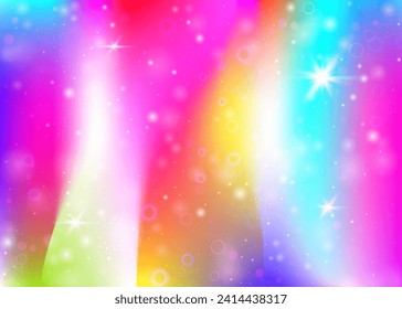 Unicorn background with rainbow mesh. Mystical universe banner in princess colors. Fantasy gradient backdrop with hologram. Holographic unicorn background with magic sparkles, stars and blurs.