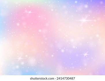 Fondo Unicornio con malla arcoiris. Cartel místico del universo en colores princesas. Fondo gradiente de fantasía con holograma. Fondo de unicornio holográfico con mágicos destellos, estrellas y borrosas.