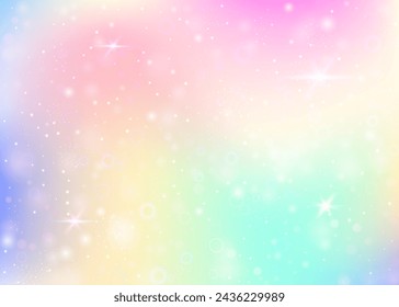 Unicorn background with rainbow mesh. Mystical universe banner in princess colors. Fantasy gradient backdrop with hologram. Holographic unicorn background with magic sparkles, stars and blurs.