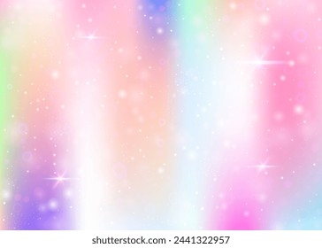 Unicorn background with rainbow mesh. Mystical universe banner in princess colors. Fantasy gradient backdrop with hologram. Holographic unicorn background with magic sparkles, stars and blurs.