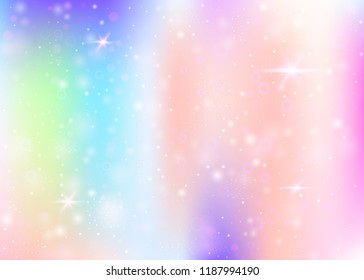 Unicorn background with rainbow mesh. Trendy universe banner in princess colors. Fantasy gradient backdrop with hologram. Holographic unicorn background with magic sparkles, stars and blurs.