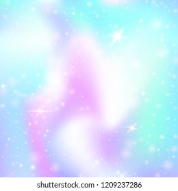 Unicorn background with rainbow mesh. Trendy universe banner in princess colors. Fantasy gradient backdrop with hologram.  Holographic unicorn background with magic sparkles, stars and blurs.
