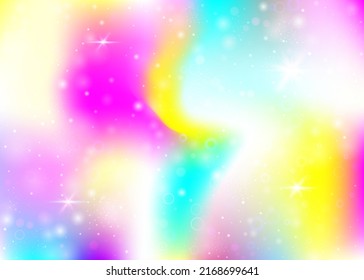 Fondo Unicornio con malla arcoiris. Banner de moda del universo en colores princesas. Fondo gradiente de fantasía con holograma. Fondo de unicornio holográfico con mágicos destellos, estrellas y borrosas.