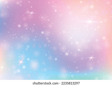 Unicorner Hintergrund mit Regenbogenmasche. Trendy Universum Banner in Prinzessinnen Farben. Fantasy-Farbverlauf-Hintergrund mit Hologramm. Holografischer, einfarbiger Hintergrund mit magischen Funken, Sternen und Bluren.