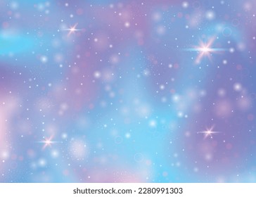 Unicorner Hintergrund mit Regenbogenmasche. Trendy Universum Banner in Prinzessinnen Farben. Fantasy-Farbverlauf-Hintergrund mit Hologramm. Holografischer, einfarbiger Hintergrund mit magischen Funken, Sternen und Bluren.