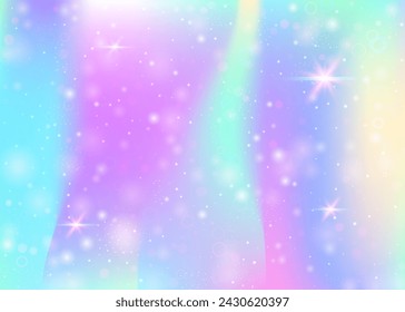 Unicorn background with rainbow mesh. Trendy universe banner in princess colors. Fantasy gradient backdrop with hologram. Holographic unicorn background with magic sparkles, stars and blurs.