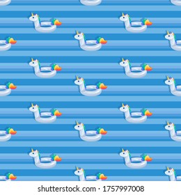Unicorn background. White Unicorn floats. Pool. Inflatable circle. Seamless pattern. White animal on water surface.