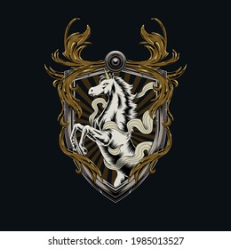 Unicorn badge vector template. Old Illustration of Standing Unicorn with heraldic frame