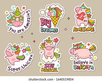 Unicorn badges. Fashion labels set or stickers with fairytale characters vector retro objects set