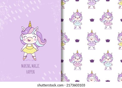 Dibujo vectorial de bailarina de unicornio para afiches, estampado de camisetas, postal. Plantilla de impresión de tarjeta para niños y juego de patrones de fondo sin problemas. 