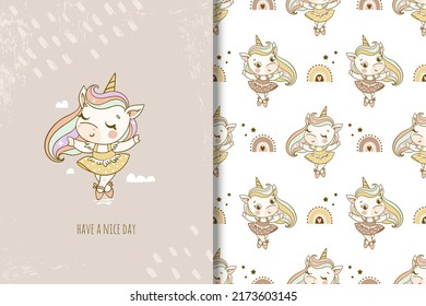 Dibujo vectorial de bailarina de unicornio para afiches, estampado de camisetas, postal. Plantilla de impresión de tarjeta para niños y juego de patrones de fondo sin problemas. 