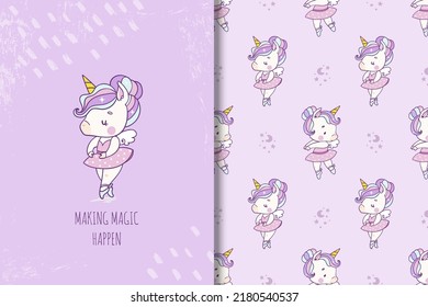 Unicorn ballerina cartoon vector illustration for posters, T-shirt print, postcard. Kids card print template and seamless background pattern set.	