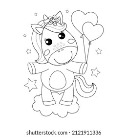 Unicorn with a balloon. Black and white linear picture. For children's design of coloring books, prints, posters, cards, stickers and so on. Vector.