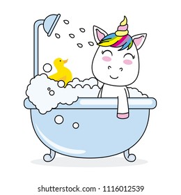 unicorn bathing in a bathtub with his rubber duck