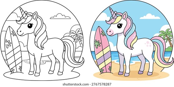 Unicorn beach coloring page and colored scene with surfboard in cute cartoon vector style suitable for kids activity books and summer themed creative designs