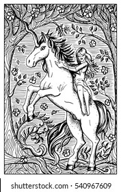 Unicorn and beautiful girl in forest. Fantasy magic creatures collection. Hand drawn vector illustration. Engraved line art drawing, graphic mythical doodle. Template for card game, poster