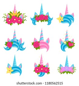 Unicorn beautiful tiaras with bright flowers set. Fairy animal horn decorated with lovely flowers. Vector flat style cartoon magic tiaras illustration isolated on white background