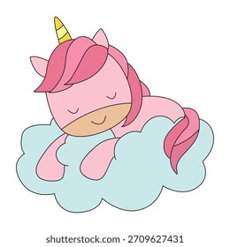 A unicorn behind the sleeping cloud at white background