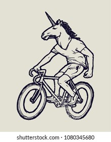 Unicorn bicycle rider - unicorn head guy riding fixie bike