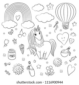 Unicorn big set, little magic horse with design elements, hand drawn doodle black and white line art, ice-cream, rainbow, air balloon, potion bottle, clouds, hearts, stars, flowers for coloring, etc.