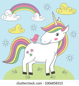 unicorn and bird on the meadow - vector illustration, eps
