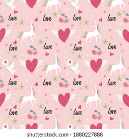 Unicorn, bird and variety valentine elements seamless pattern
