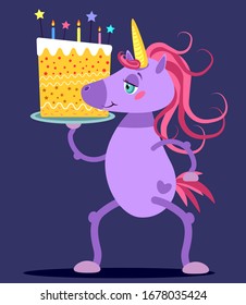 Unicorn with  birthday cake. Vector illustration for card, poster, banner and Print for t-shirt.
