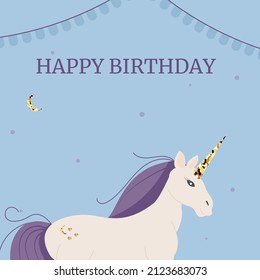 Unicorn birthday card with golden horn with decoration