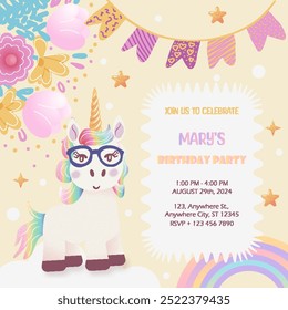 Unicorn Birthday childish invitation cards