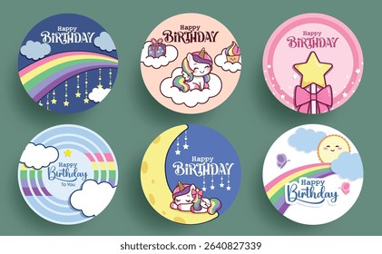 Unicorn birthday circle sticker clipart set. Happy birthday greeting text in colorful magical background for tshirt print and patch logotype clipart collection vector illustration.
