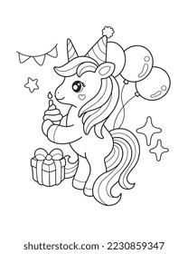 
Unicorn birthday coloring page illustration for kids