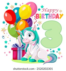 Unicornio con regalo de cumpleaños y número tres