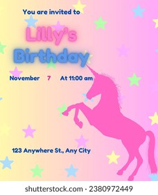 Tarjeta de invitación de cumpleaños Unicornio en un fondo rosa-amarillo degradado que con estrellas de color pastel y fuentes de neón.
Personalizable para fecha, nombre y dirección.