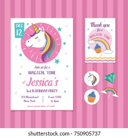 Unicorn Birthday Invitation Card Template with Unicorn Head Illustration
