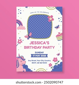 Unicorn birthday invitation party template with butterfly, flowers, rainbow and empty space for your image