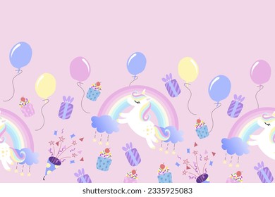Unicorn birthday party background doodle art vector illustration.