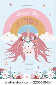 	
Unicorn Birthday party invitation card template with a cute unicorn and rainbow background gold pink pastel colors