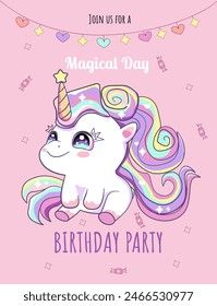 unicorn, birthday party of a magical rainbow baby on rose background