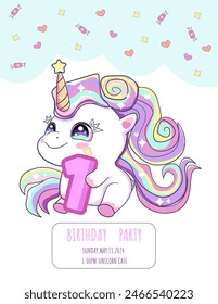 unicorn, birthday party of a magical rainbow baby on a white background