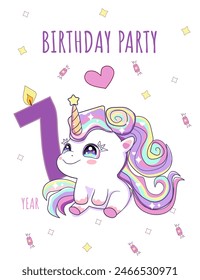 unicorn birthday party seven year old on a white back